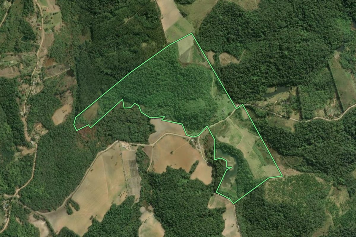 Imagem de satélite do imóvel rural em Tapiraí (SP), com o contorno declarado no CAR desenhado por cima.