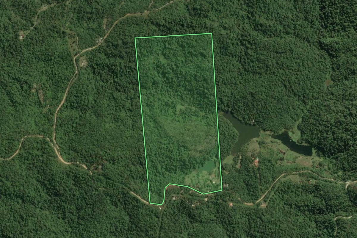 Imagem de satélite do imóvel rural em Tapiraí (SP), com o contorno declarado no CAR desenhado por cima.