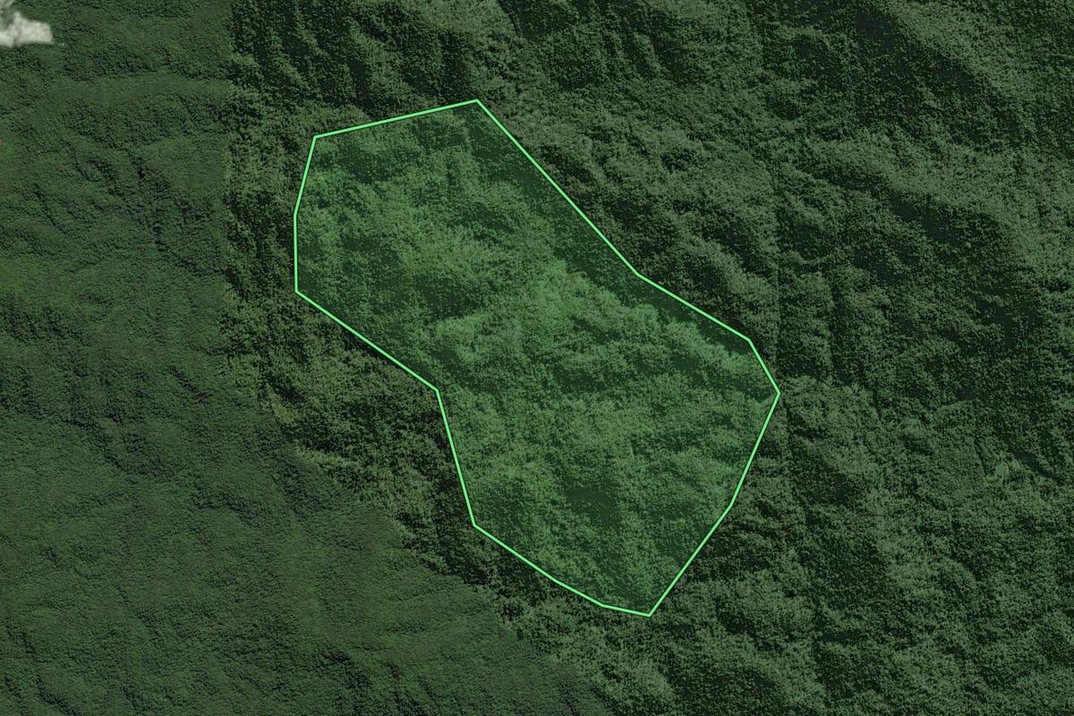 Imagem de satélite do imóvel rural em Tapiraí (SP), com o contorno declarado no CAR desenhado por cima.