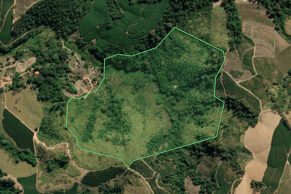 Imagem de satélite do imóvel rural em Tapiratiba (SP), com o contorno declarado no CAR desenhado por cima.