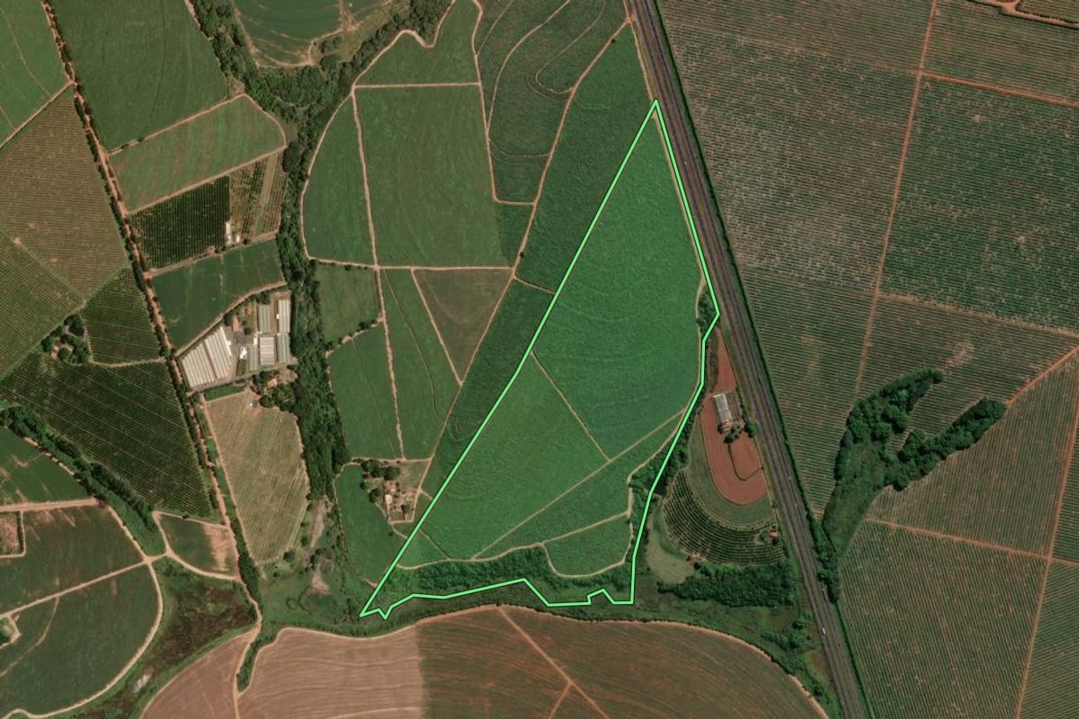 Imagem de satélite do imóvel rural em Taquaral (SP), com o contorno declarado no CAR desenhado por cima.