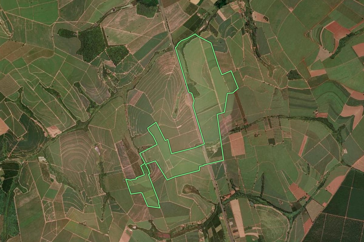 Imagem de satélite do imóvel rural em Taquaral (SP), com o contorno declarado no CAR desenhado por cima.