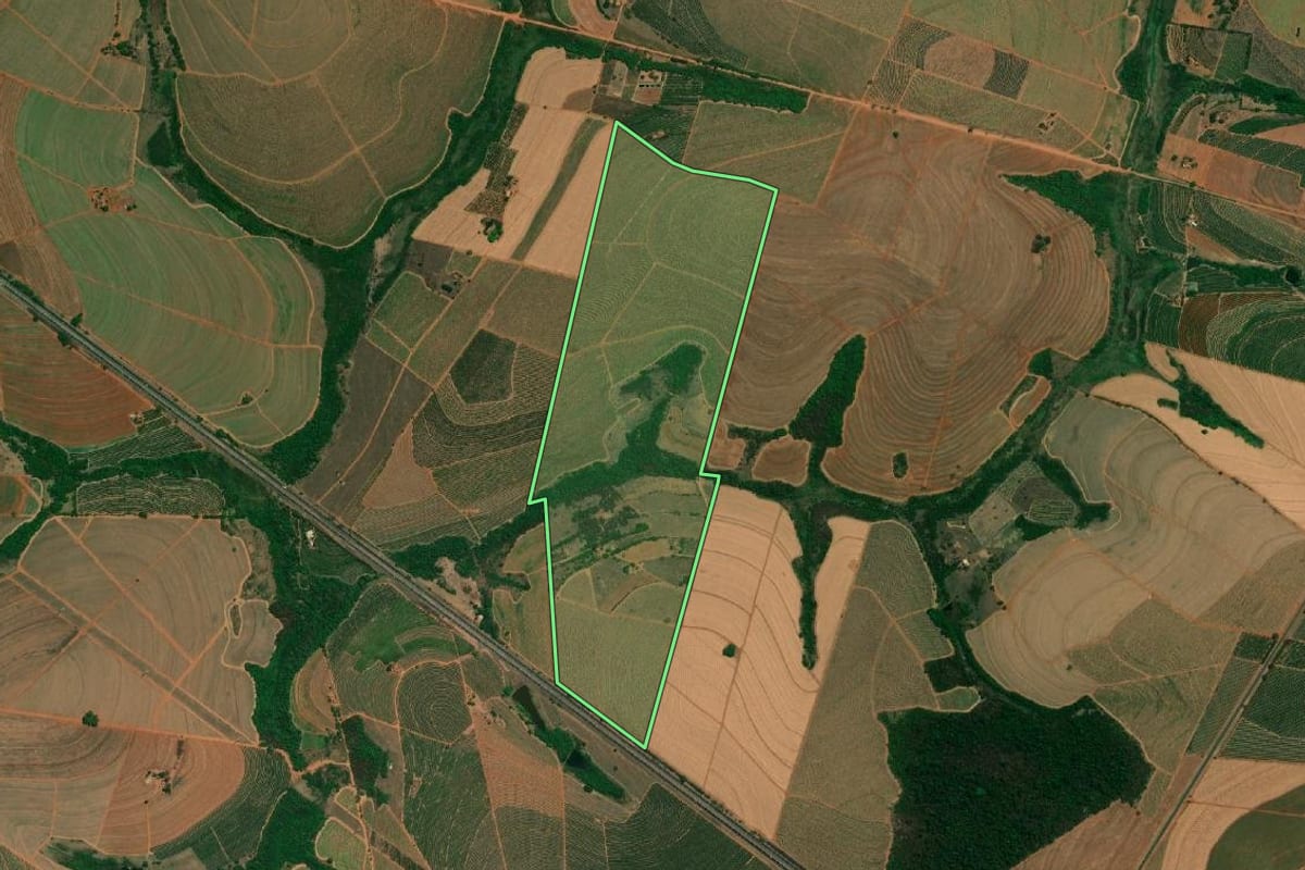 Imagem de satélite do imóvel rural em Taquaritinga (SP), com o contorno declarado no CAR desenhado por cima.