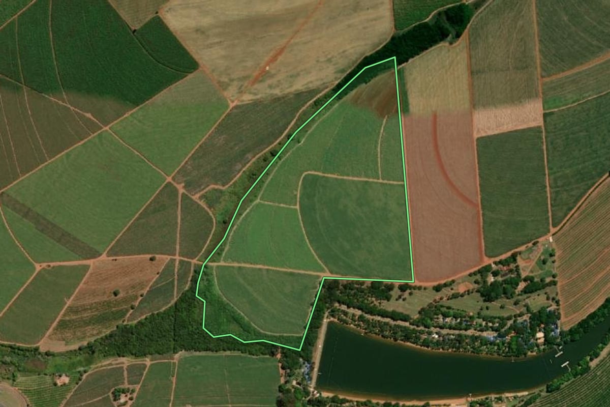 Imagem de satélite do imóvel rural em Taquaritinga (SP), com o contorno declarado no CAR desenhado por cima.