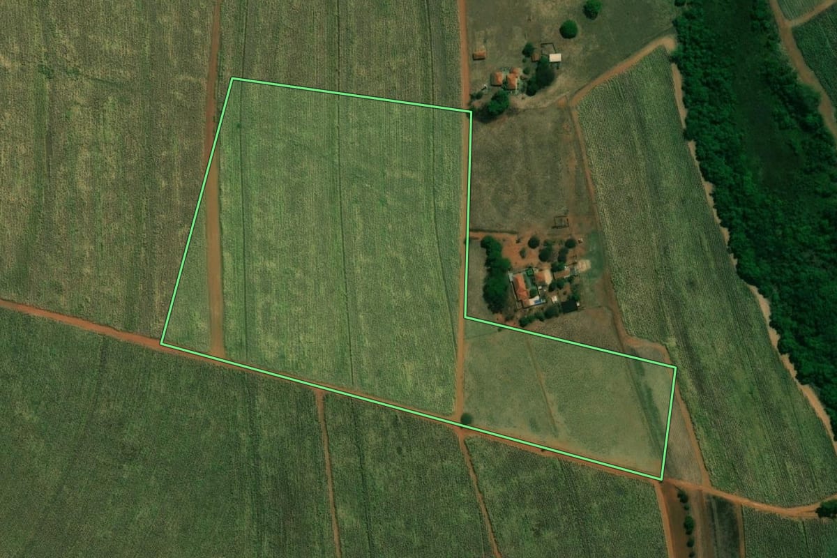 Imagem de satélite do imóvel rural em Taquaritinga (SP), com o contorno declarado no CAR desenhado por cima.
