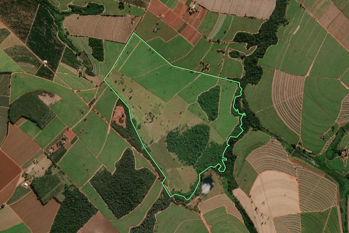 Imagem de satélite do imóvel rural em Taquaritinga (SP), com o contorno declarado no CAR desenhado por cima.
