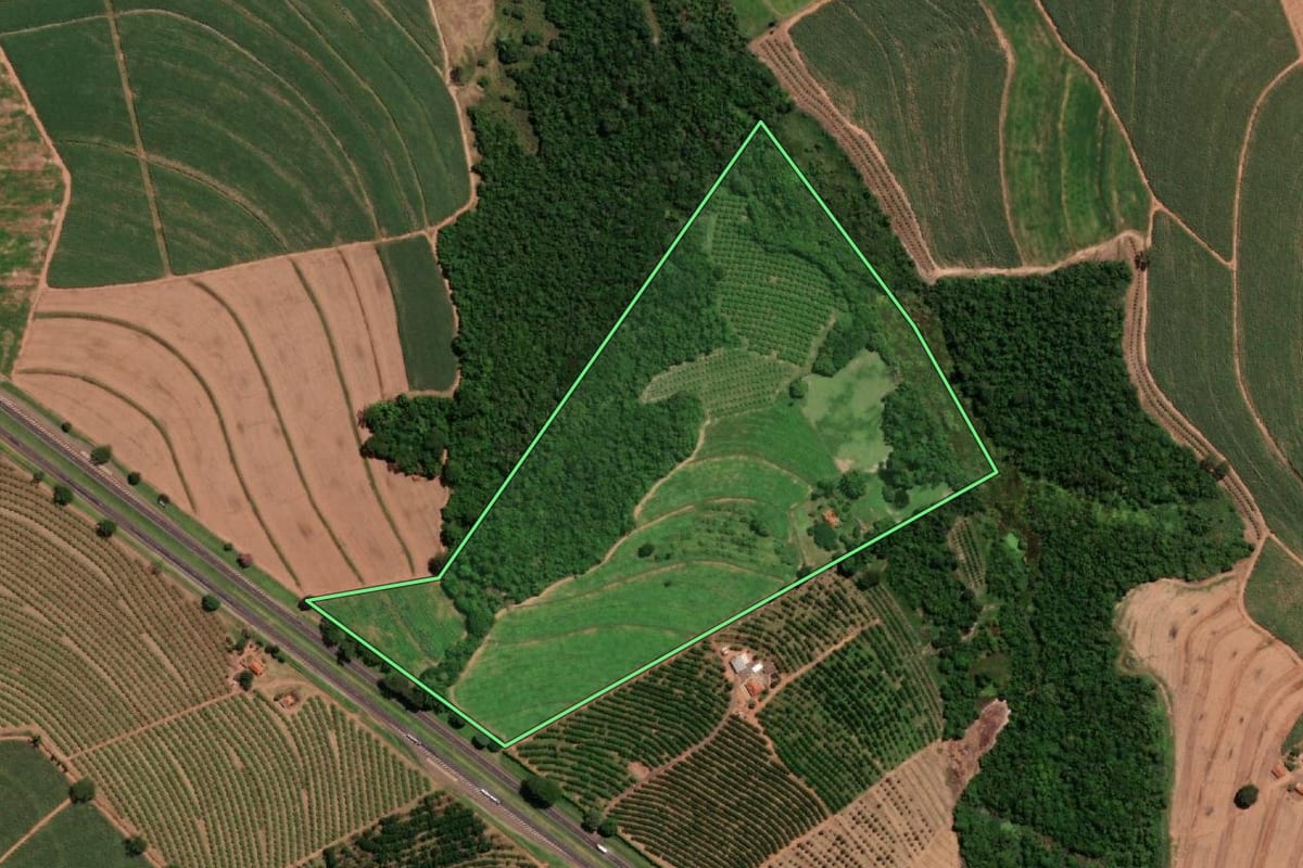 Imagem de satélite do imóvel rural em Taquaritinga (SP), com o contorno declarado no CAR desenhado por cima.