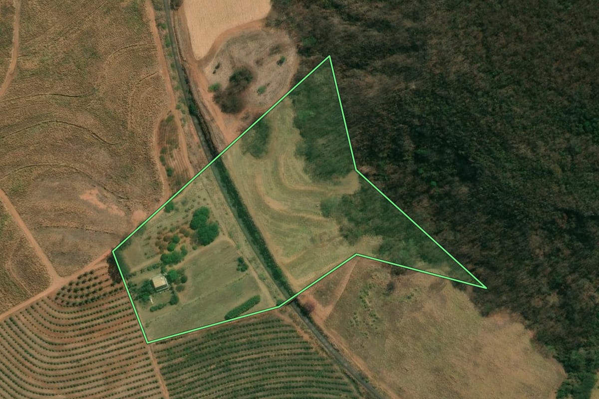 Imagem de satélite do imóvel rural em Taquaritinga (SP), com o contorno declarado no CAR desenhado por cima.