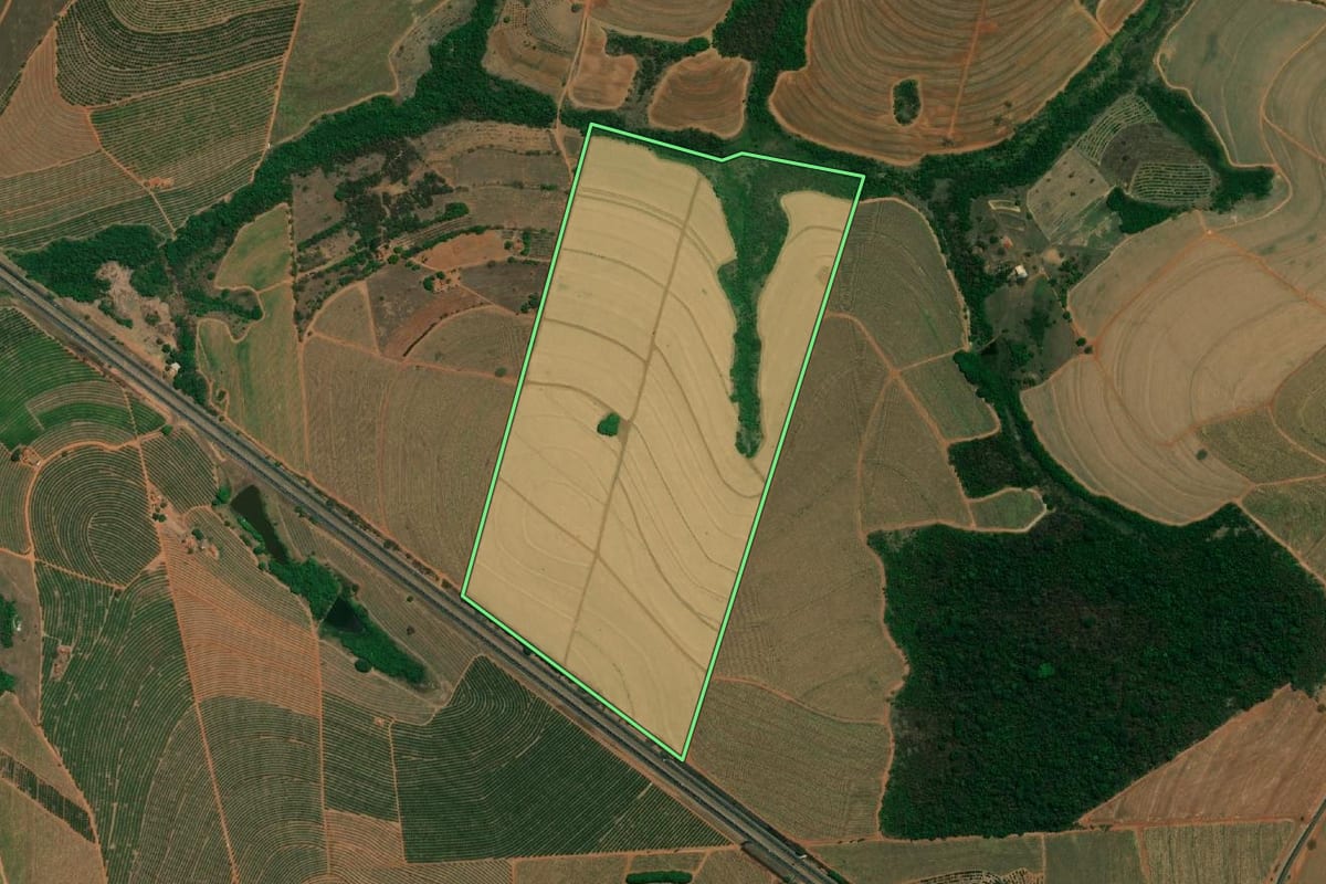Imagem de satélite do imóvel rural em Taquaritinga (SP), com o contorno declarado no CAR desenhado por cima.