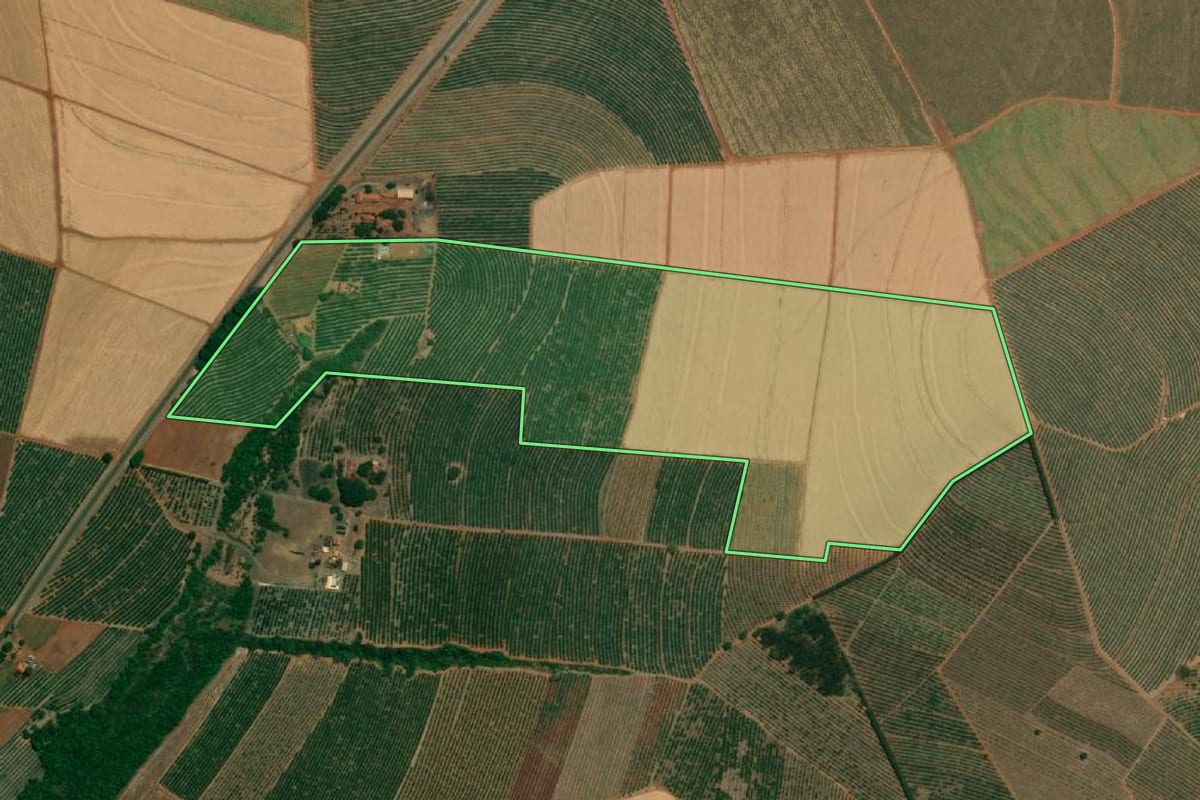 Imagem de satélite do imóvel rural em Taquaritinga (SP), com o contorno declarado no CAR desenhado por cima.