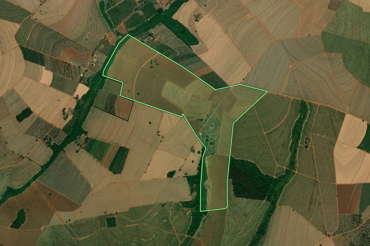 Imagem de satélite do imóvel rural em Taquaritinga (SP), com o contorno declarado no CAR desenhado por cima.
