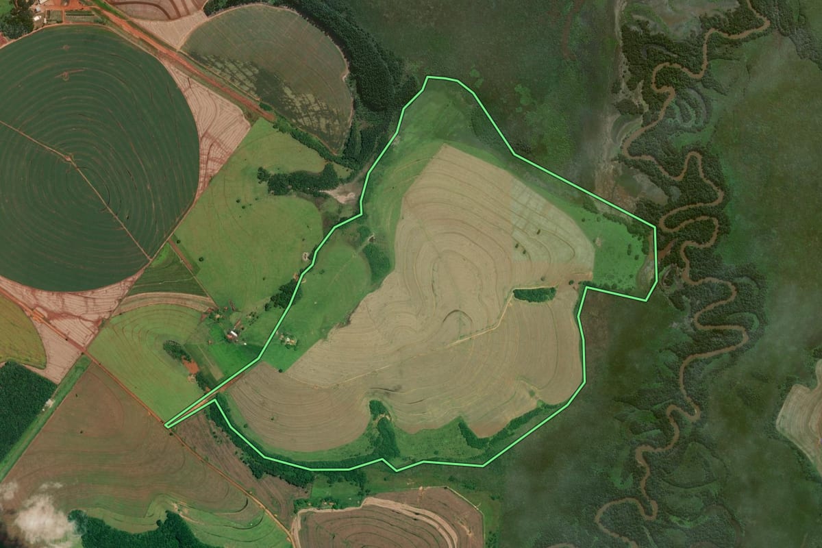 Imagem de satélite do imóvel rural em Taquarituba (SP), com o contorno declarado no CAR desenhado por cima.