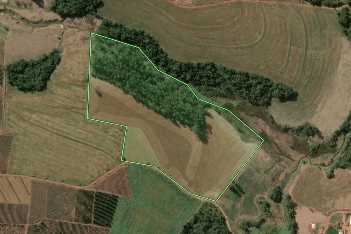 Imagem de satélite do imóvel rural em Taquarituba (SP), com o contorno declarado no CAR desenhado por cima.