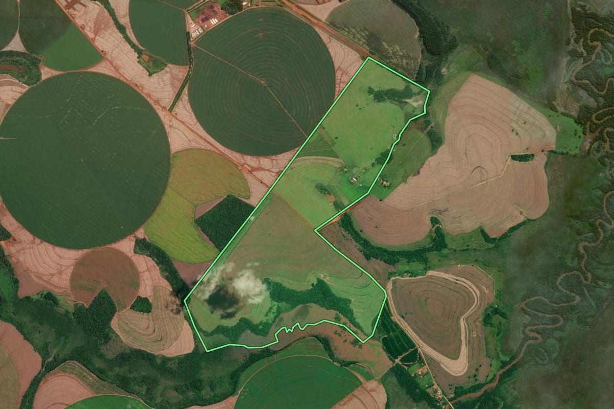 Imagem de satélite do imóvel rural em Taquarituba (SP), com o contorno declarado no CAR desenhado por cima.