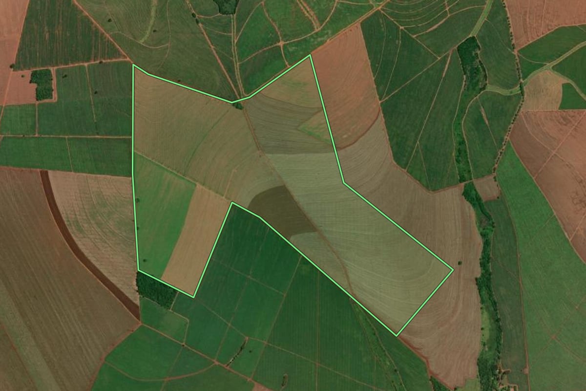 Imagem de satélite do imóvel rural em Tarumã (SP), com o contorno declarado no CAR desenhado por cima.