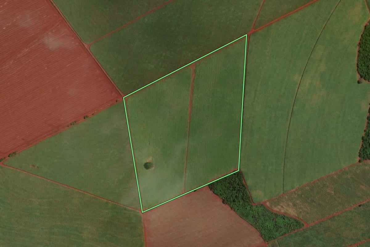 Imagem de satélite do imóvel rural em Tarumã (SP), com o contorno declarado no CAR desenhado por cima.