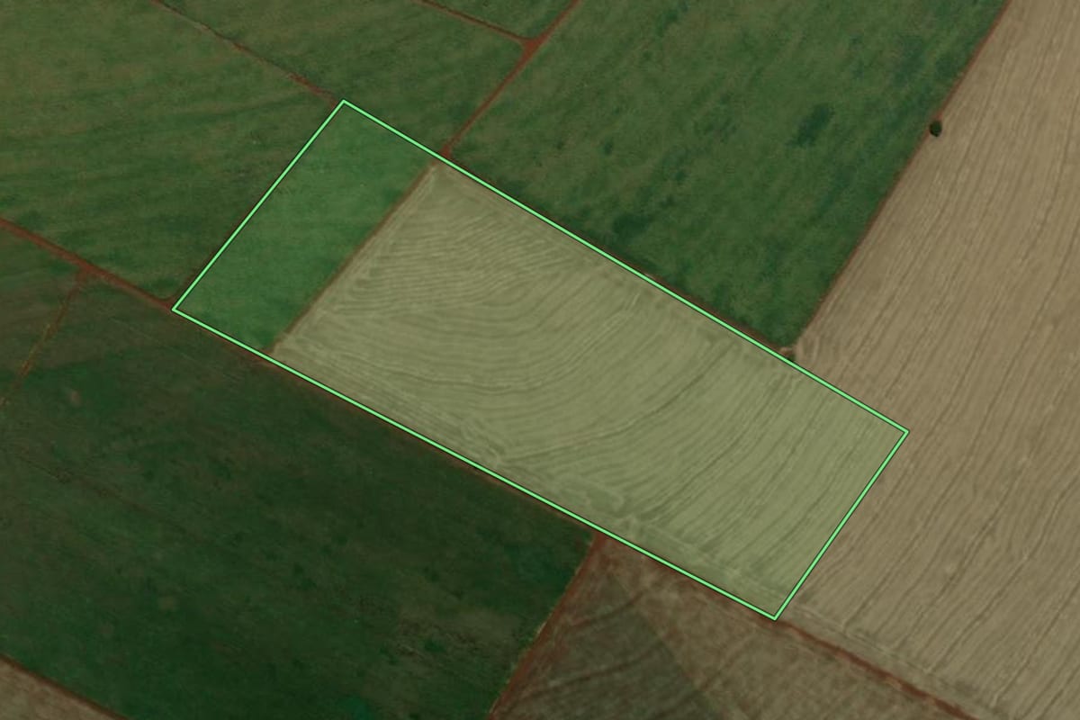 Imagem de satélite do imóvel rural em Tarumã (SP), com o contorno declarado no CAR desenhado por cima.