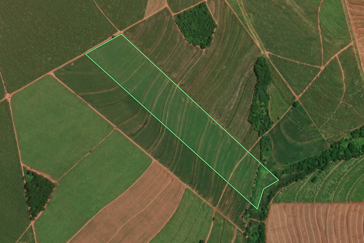 Imagem de satélite do imóvel rural em Tarumã (SP), com o contorno declarado no CAR desenhado por cima.