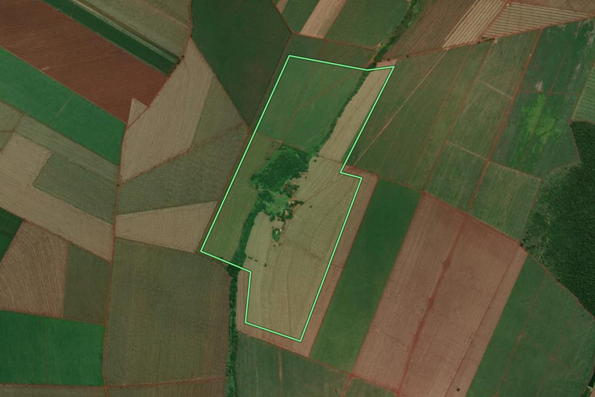 Imagem de satélite do imóvel rural em Tarumã (SP), com o contorno declarado no CAR desenhado por cima.