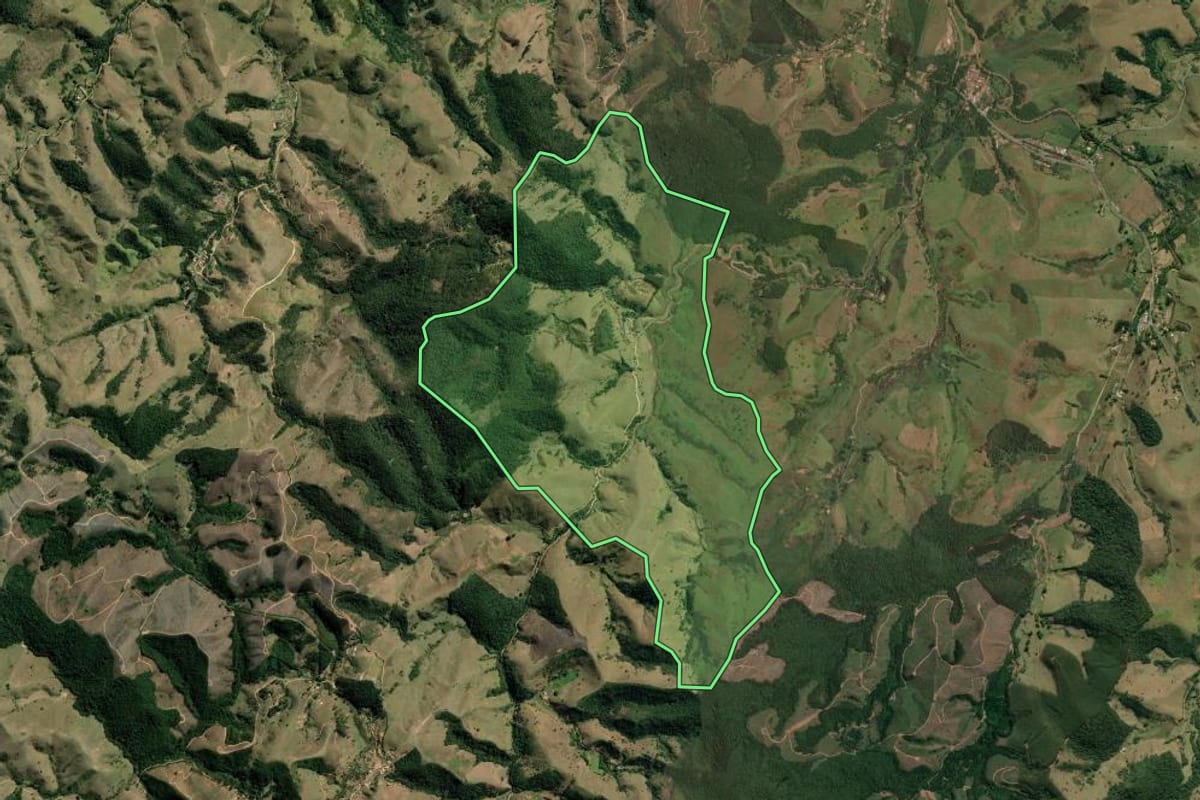 Imagem de satélite do imóvel rural em Taubaté (SP), com o contorno declarado no CAR desenhado por cima.