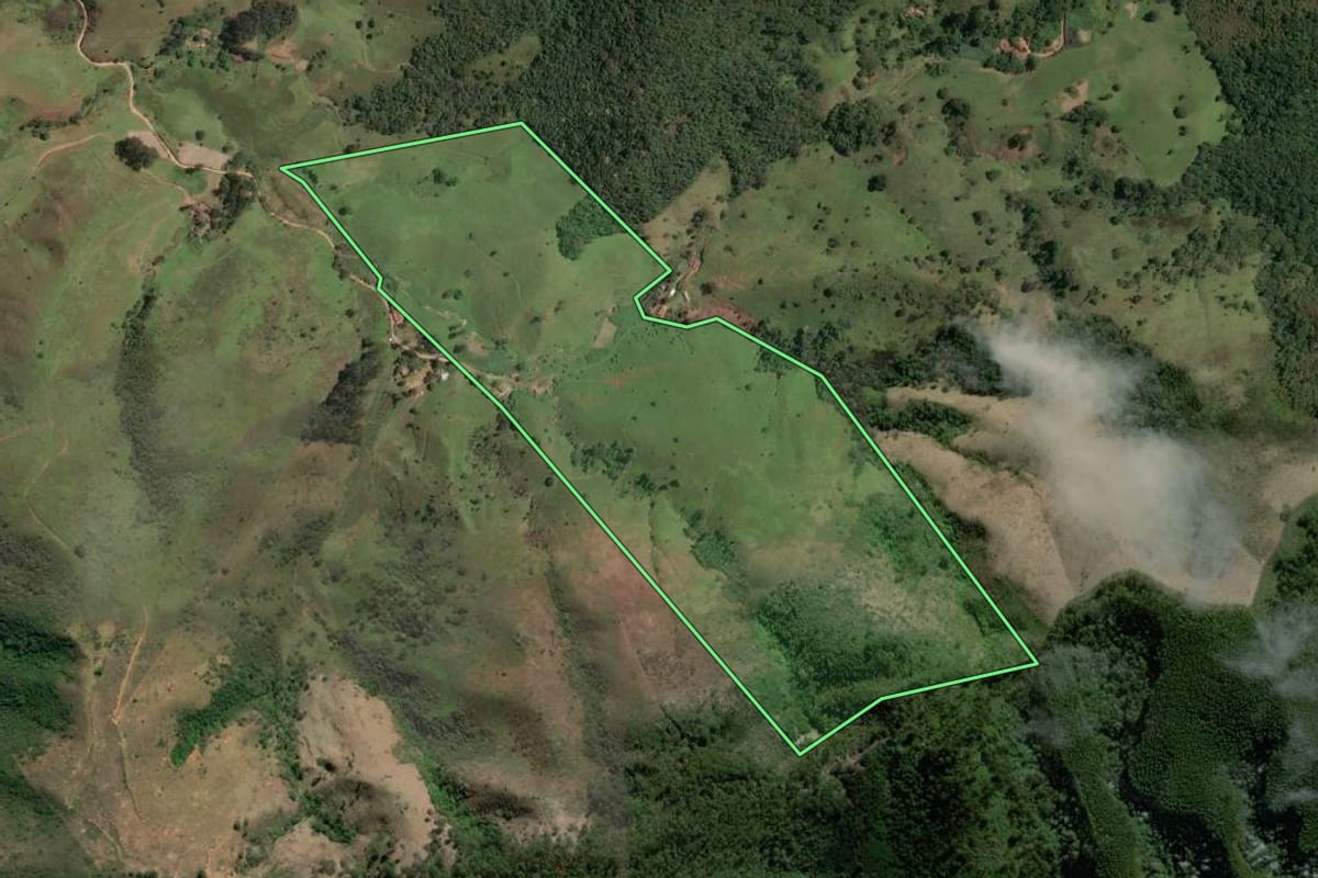 Imagem de satélite do imóvel rural em Taubaté (SP), com o contorno declarado no CAR desenhado por cima.