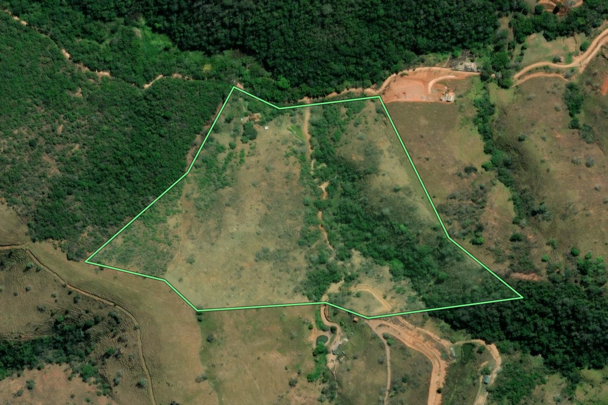 Imagem de satélite do imóvel rural em Taubaté (SP), com o contorno declarado no CAR desenhado por cima.