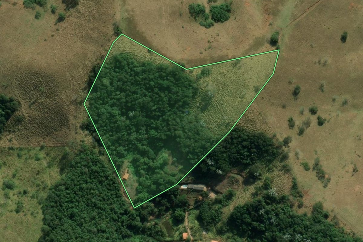 Imagem de satélite do imóvel rural em Taubaté (SP), com o contorno declarado no CAR desenhado por cima.