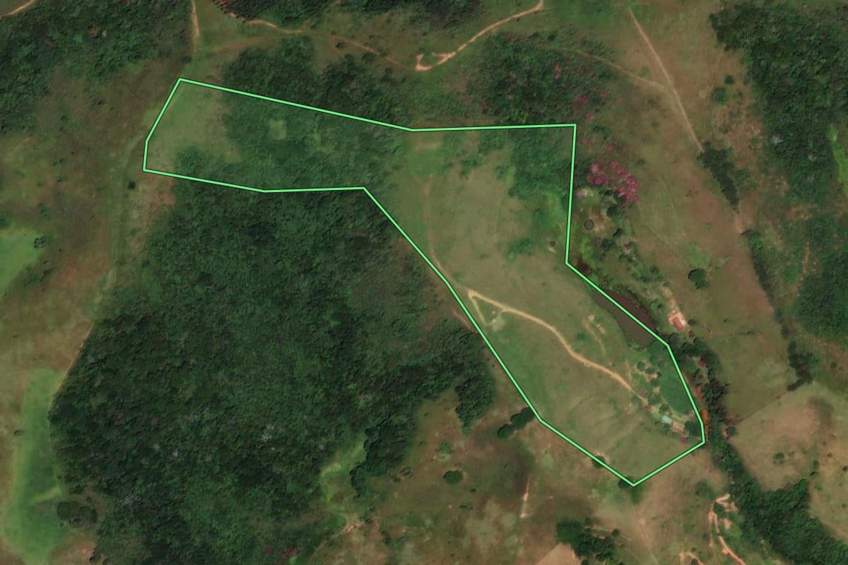 Imagem de satélite do imóvel rural em Taubaté (SP), com o contorno declarado no CAR desenhado por cima.