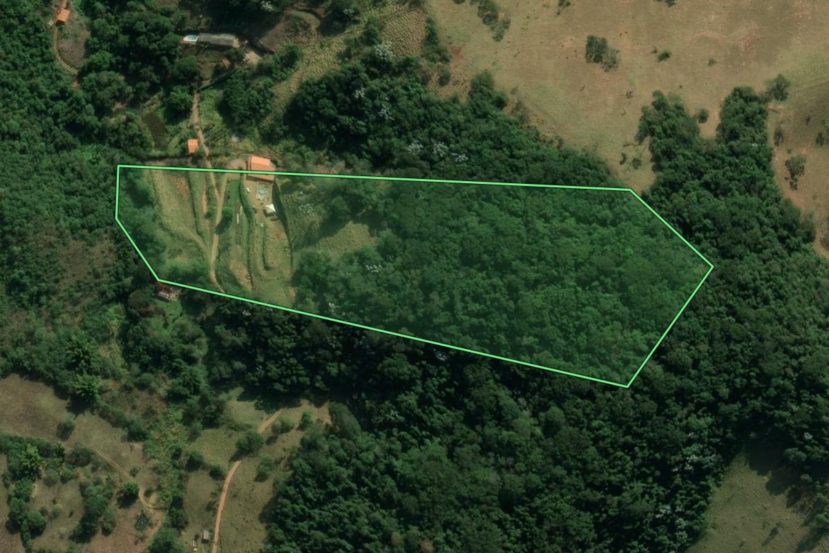 Imagem de satélite do imóvel rural em Taubaté (SP), com o contorno declarado no CAR desenhado por cima.