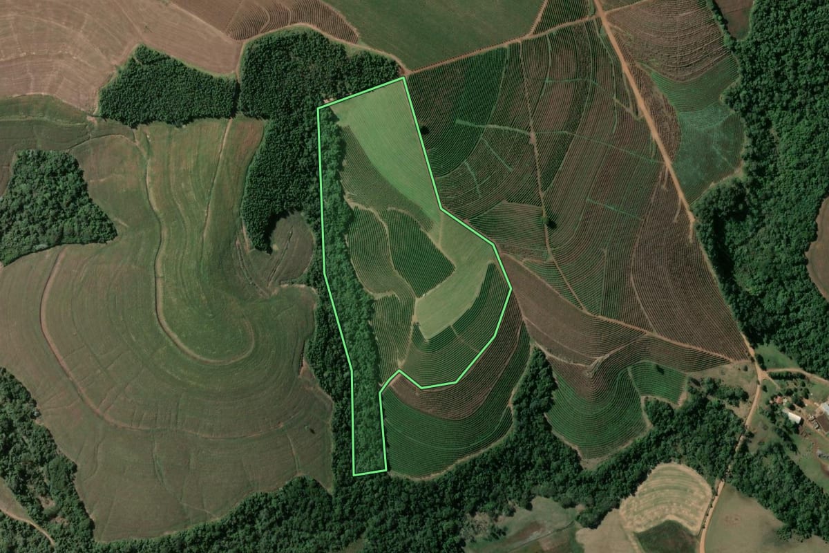 Imagem de satélite do imóvel rural em Tejupá (SP), com o contorno declarado no CAR desenhado por cima.