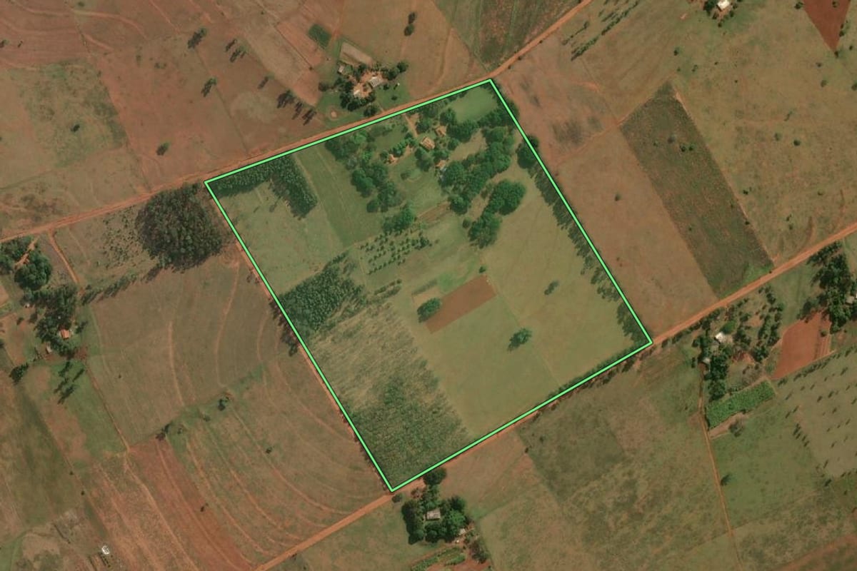 Imagem de satélite do imóvel rural em Teodoro Sampaio (SP), com o contorno declarado no CAR desenhado por cima.
