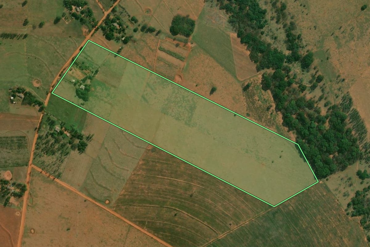 Imagem de satélite do imóvel rural em Teodoro Sampaio (SP), com o contorno declarado no CAR desenhado por cima.