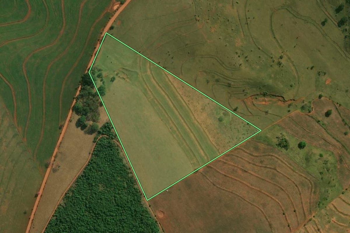 Imagem de satélite do imóvel rural em Teodoro Sampaio (SP), com o contorno declarado no CAR desenhado por cima.