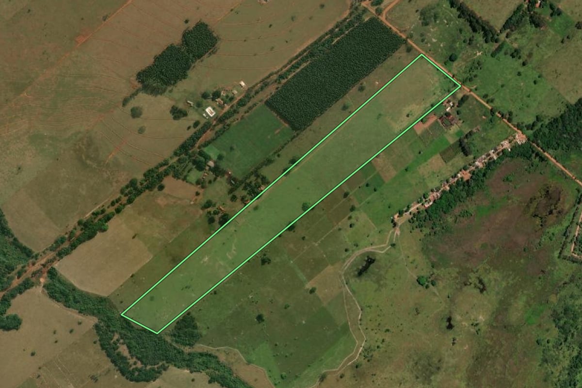Imagem de satélite do imóvel rural em Teodoro Sampaio (SP), com o contorno declarado no CAR desenhado por cima.