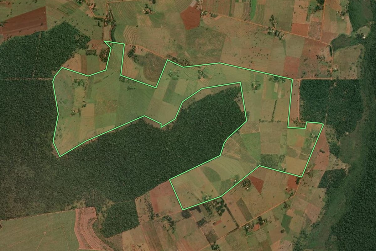 Imagem de satélite do imóvel rural em Teodoro Sampaio (SP), com o contorno declarado no CAR desenhado por cima.