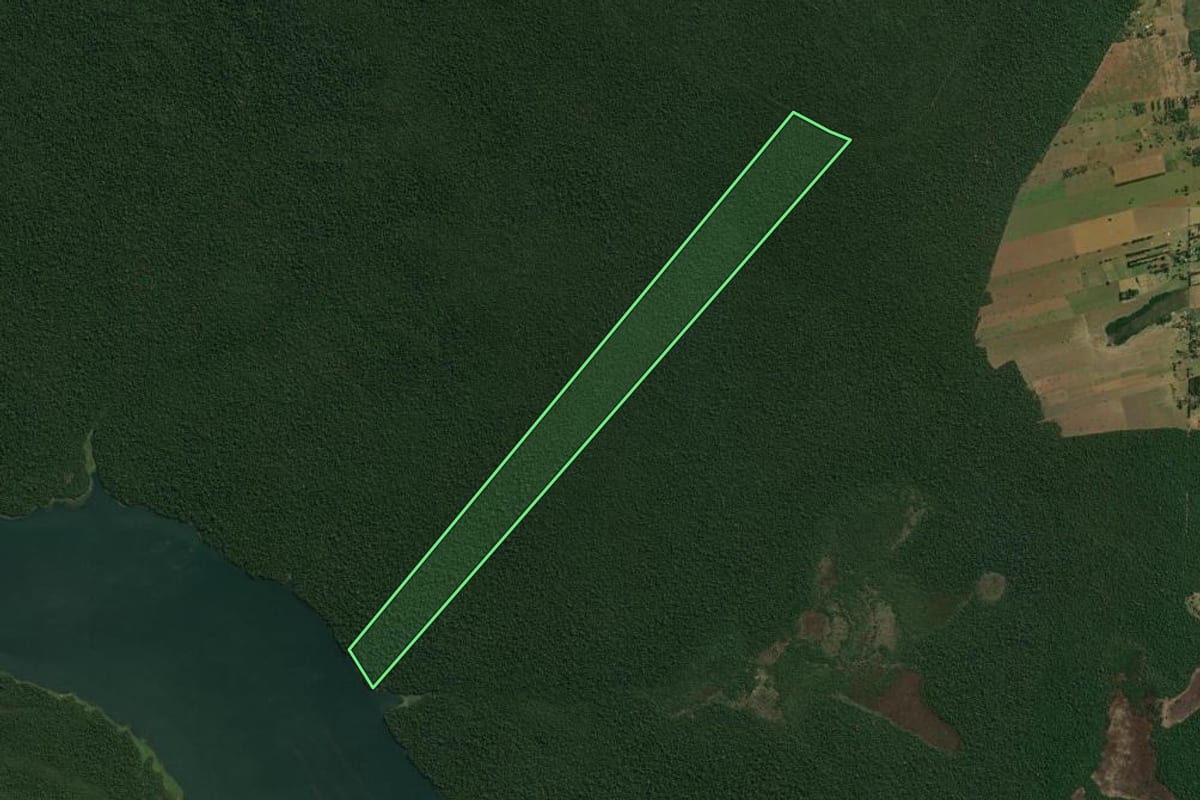 Imagem de satélite do imóvel rural em Teodoro Sampaio (SP), com o contorno declarado no CAR desenhado por cima.