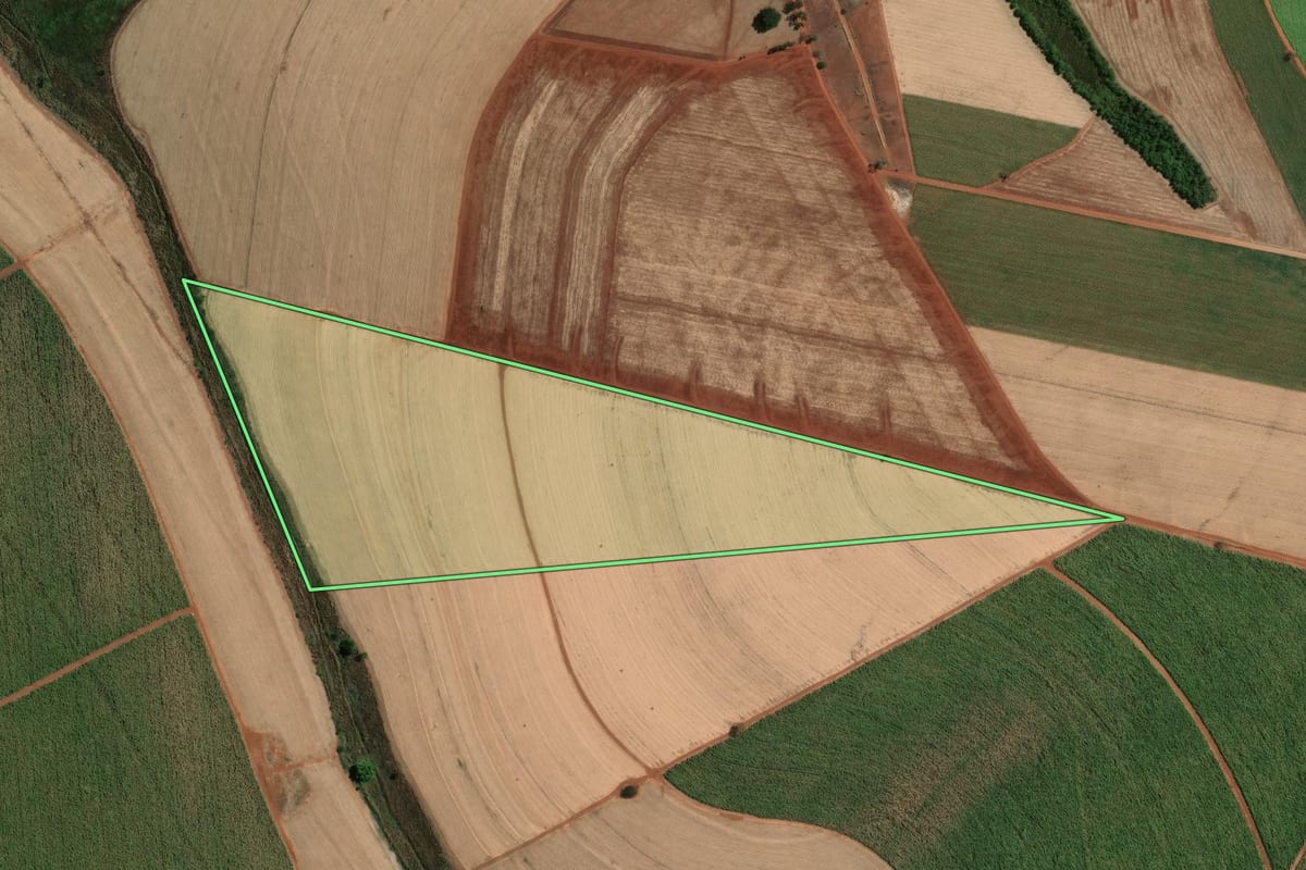 Imagem de satélite do imóvel rural em Terra Roxa (SP), com o contorno declarado no CAR desenhado por cima.
