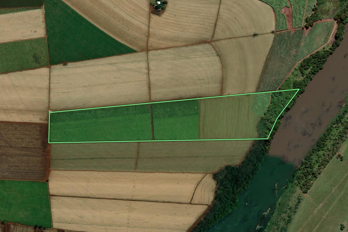 Imagem de satélite do imóvel rural em Terra Roxa (SP), com o contorno declarado no CAR desenhado por cima.