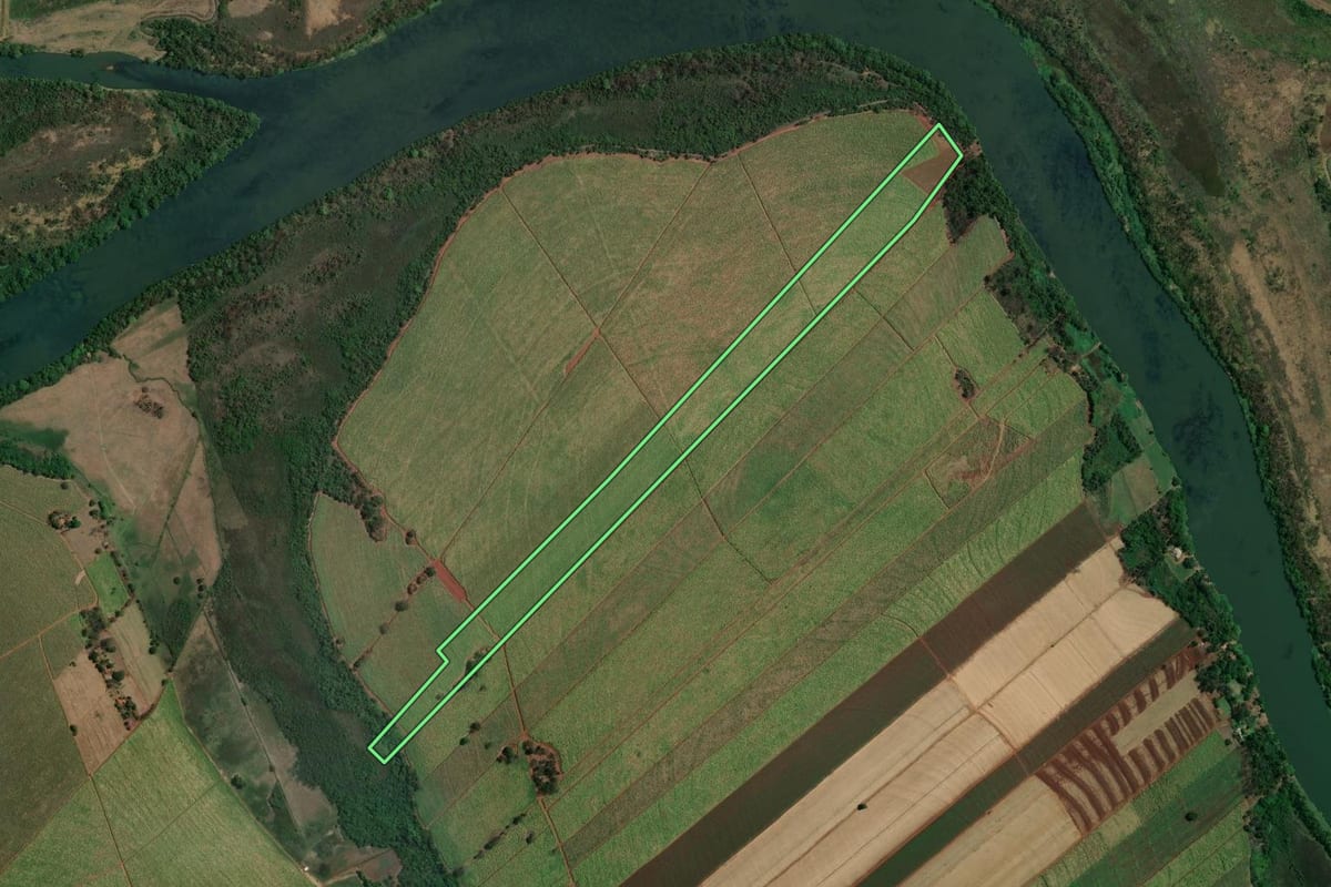 Imagem de satélite do imóvel rural em Terra Roxa (SP), com o contorno declarado no CAR desenhado por cima.