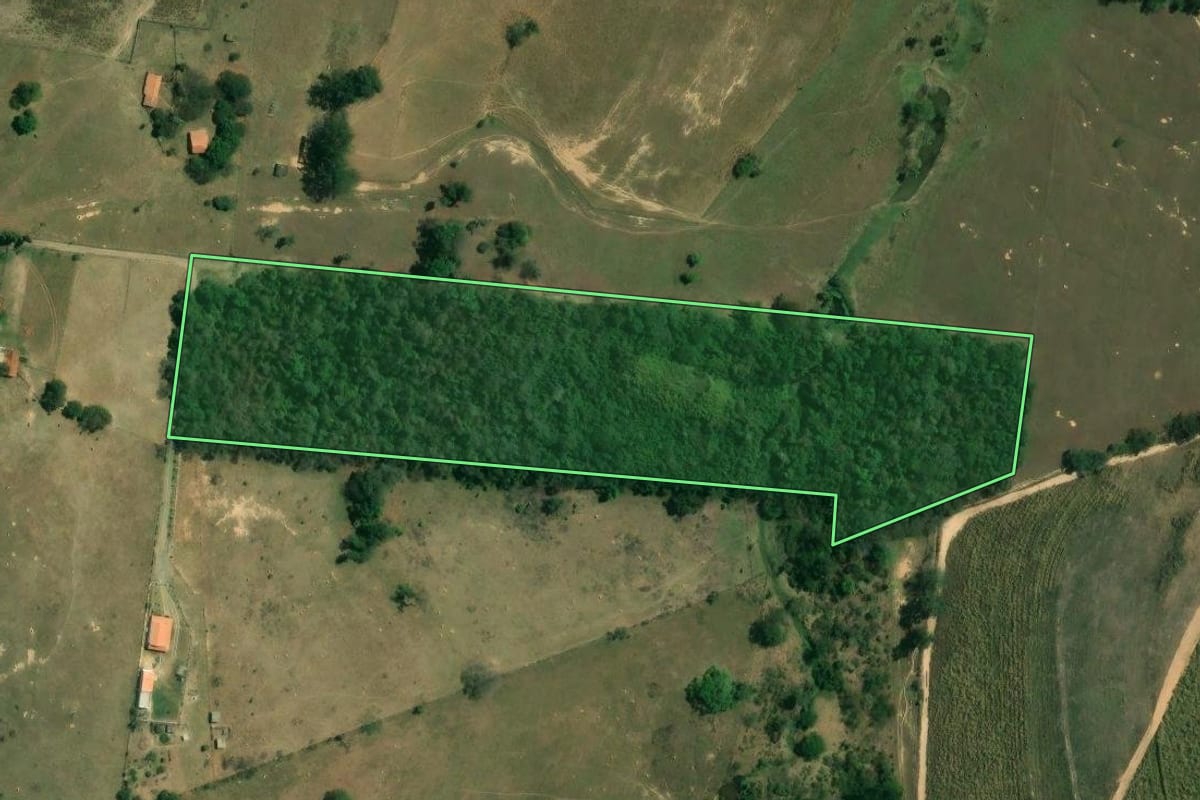 Imagem de satélite do imóvel rural em Tietê (SP), com o contorno declarado no CAR desenhado por cima.