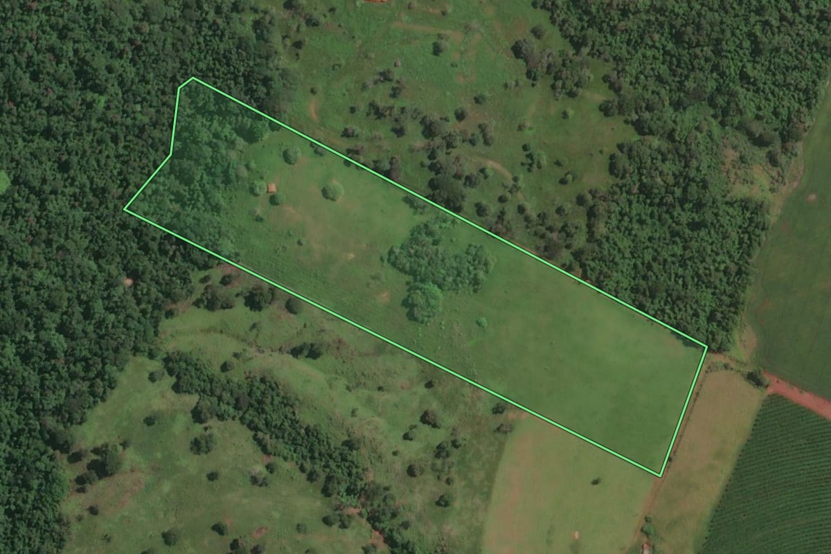 Imagem de satélite do imóvel rural em Timburi (SP), com o contorno declarado no CAR desenhado por cima.