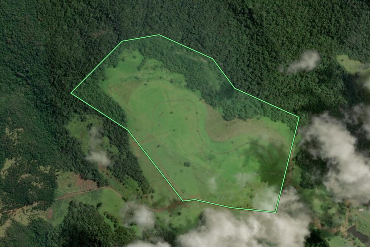 Imagem de satélite do imóvel rural em Timburi (SP), com o contorno declarado no CAR desenhado por cima.