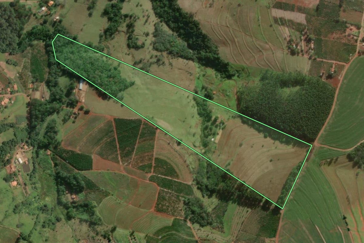 Imagem de satélite do imóvel rural em Timburi (SP), com o contorno declarado no CAR desenhado por cima.
