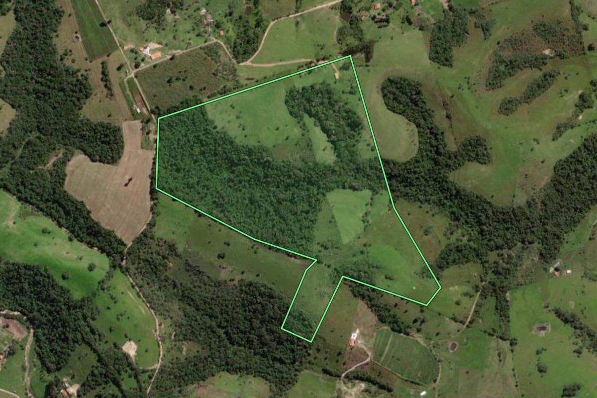 Imagem de satélite do imóvel rural em Torre de Pedra (SP), com o contorno declarado no CAR desenhado por cima.