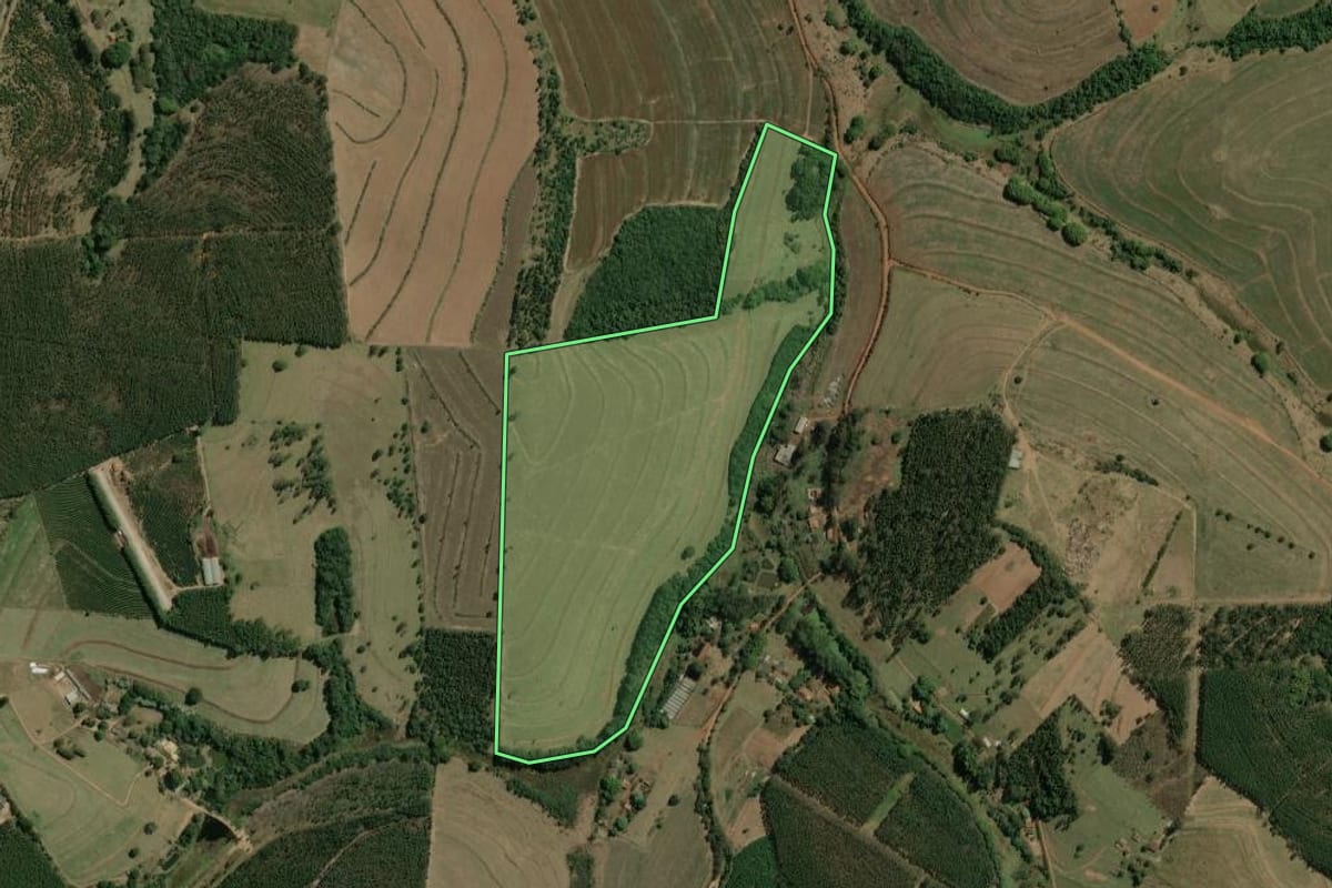 Imagem de satélite do imóvel rural em Torrinha (SP), com o contorno declarado no CAR desenhado por cima.