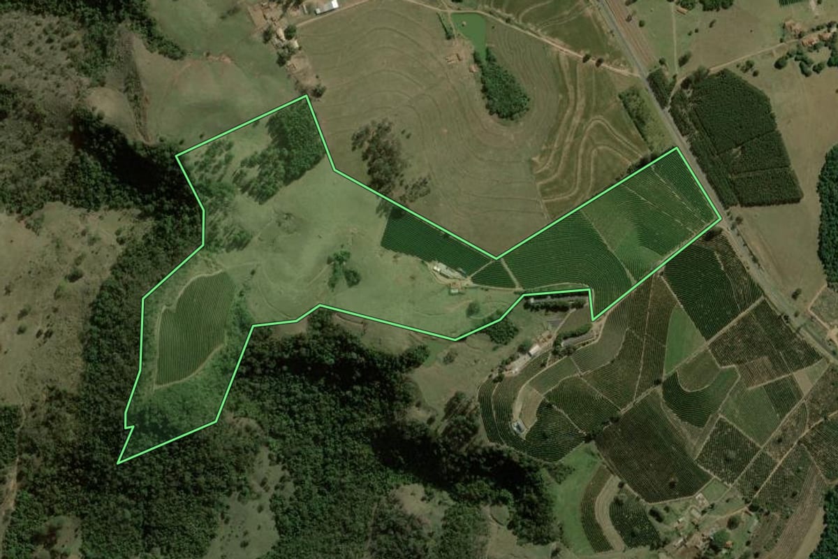 Imagem de satélite do imóvel rural em Torrinha (SP), com o contorno declarado no CAR desenhado por cima.