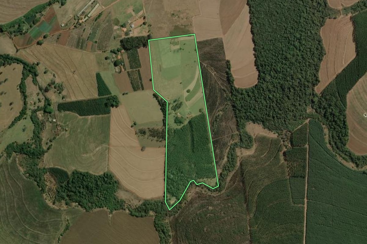 Imagem de satélite do imóvel rural em Torrinha (SP), com o contorno declarado no CAR desenhado por cima.