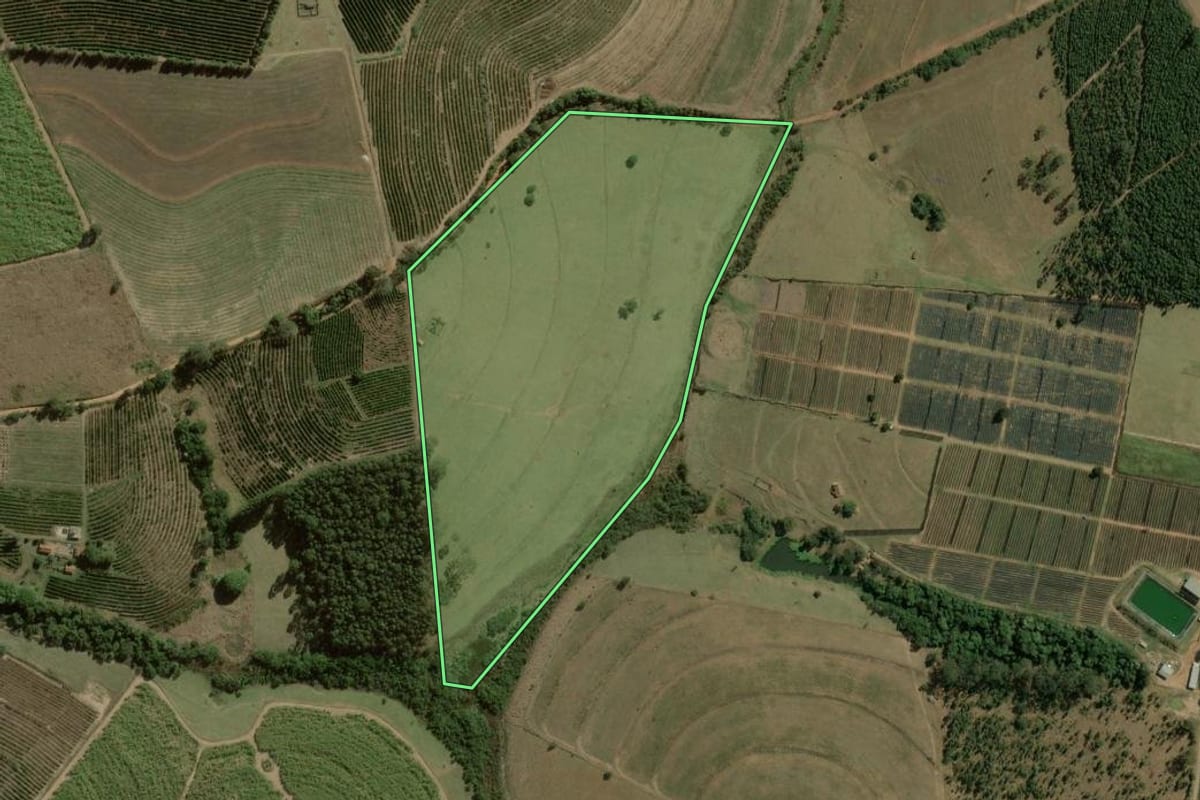 Imagem de satélite do imóvel rural em Torrinha (SP), com o contorno declarado no CAR desenhado por cima.