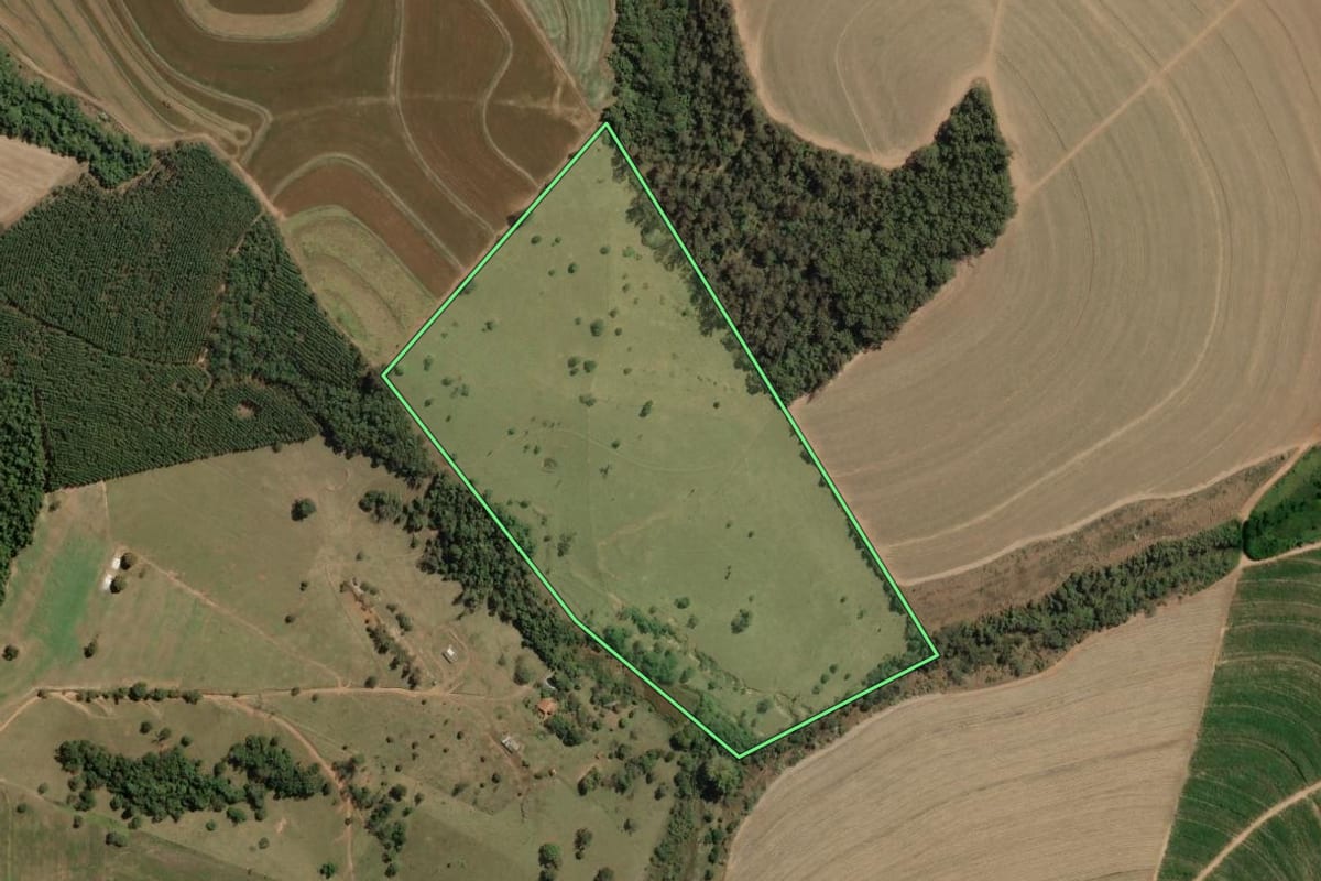 Imagem de satélite do imóvel rural em Torrinha (SP), com o contorno declarado no CAR desenhado por cima.
