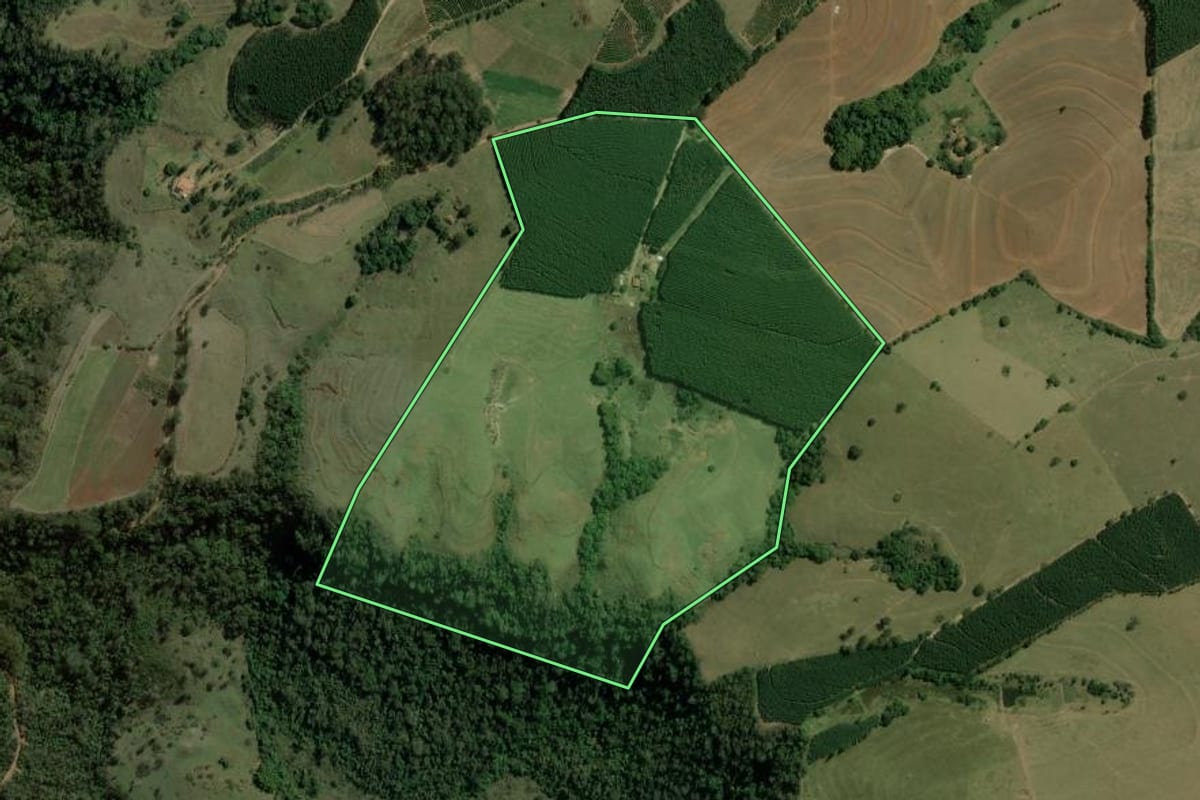 Imagem de satélite do imóvel rural em Torrinha (SP), com o contorno declarado no CAR desenhado por cima.